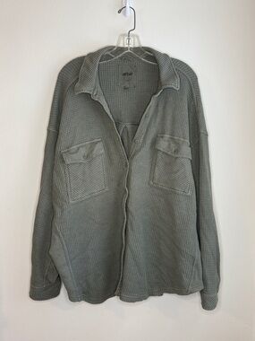Aerie Olive Green Waffle Knit Button-Up Shirt Boxy Relaxed Gauzey Top